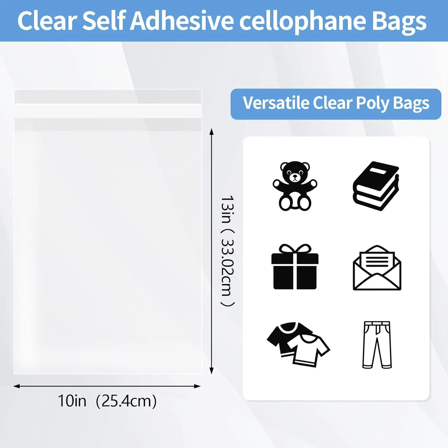 100 Pieces Large Self Sealing Cellophane Bags Self Adhesive 10 x13 inches Cellophane Bags for Packaging Clothes, T-shirts, Pants Party Favors and More