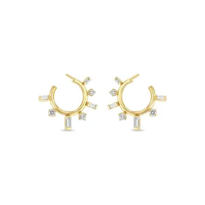 14k Baguette & Prong Diamond Front to Back Circle Hoops