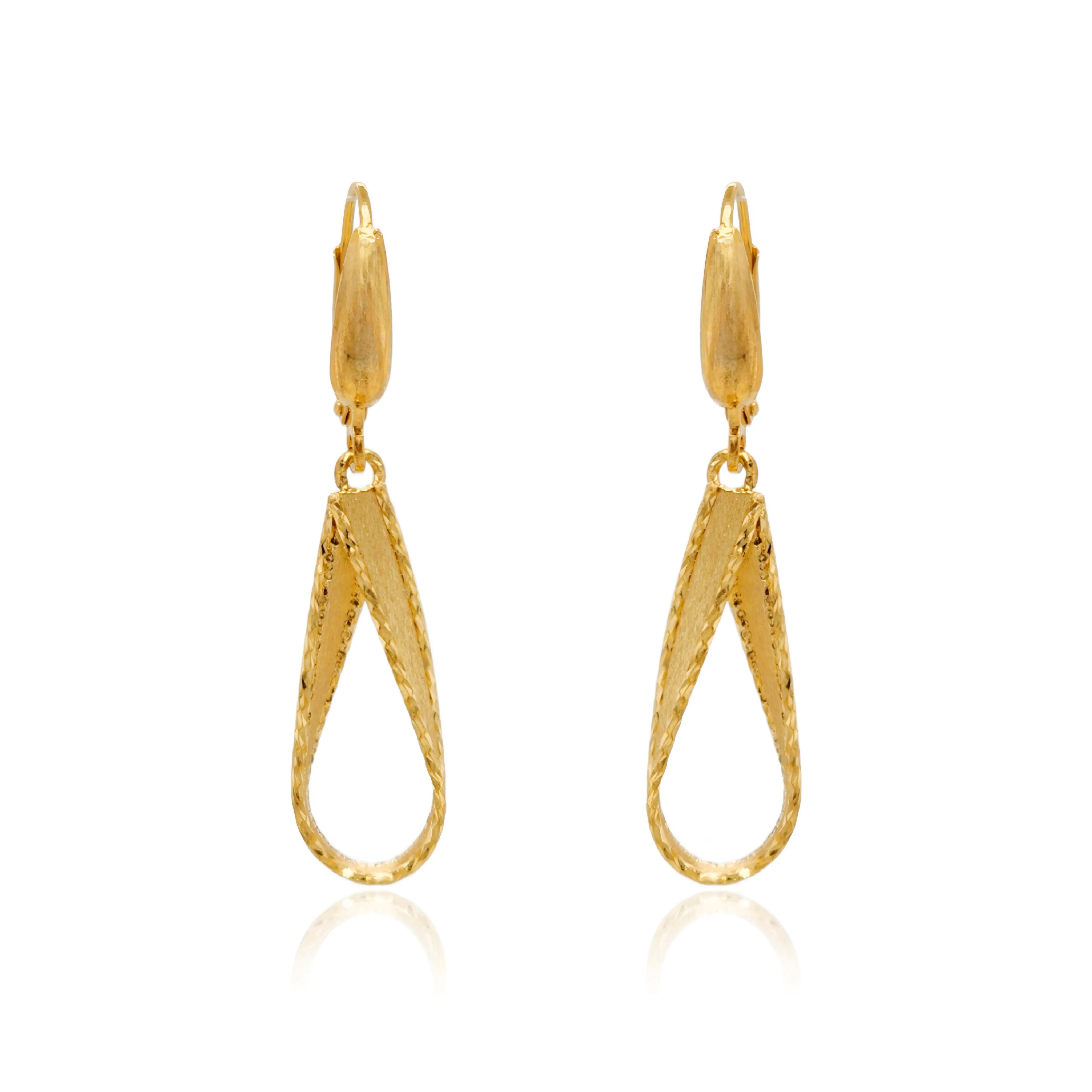 14K Brushed Gold and Diamond Cut Teardrop Leverback Earrings