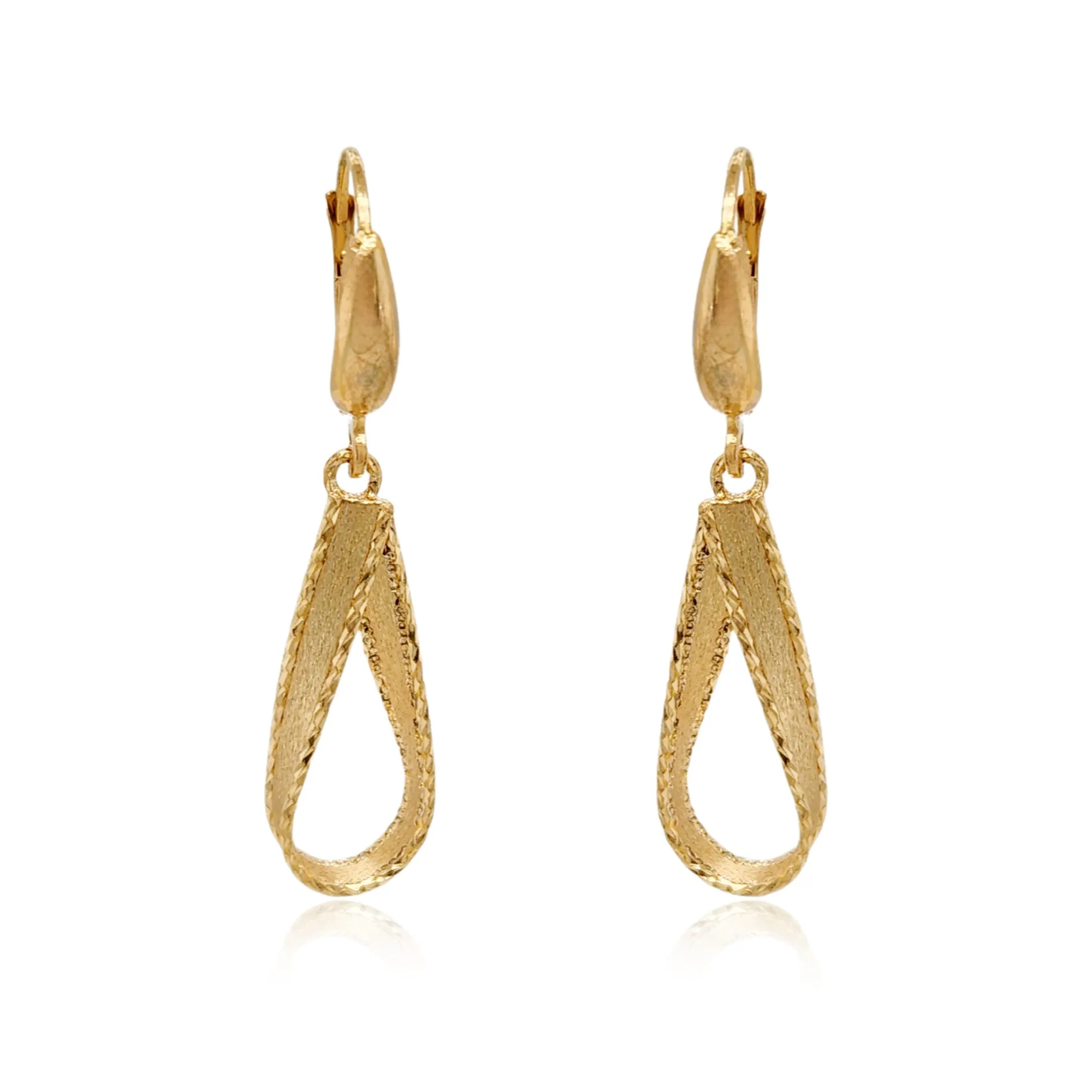 14K Brushed Gold and Diamond Cut Teardrop Leverback Earrings