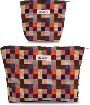 2 PCS Makeup Bag SetPortable Cosmetic Bag for Purse Large Storage CapacityTravel Pouch with Zipper for Women, (Colorful Checkered)