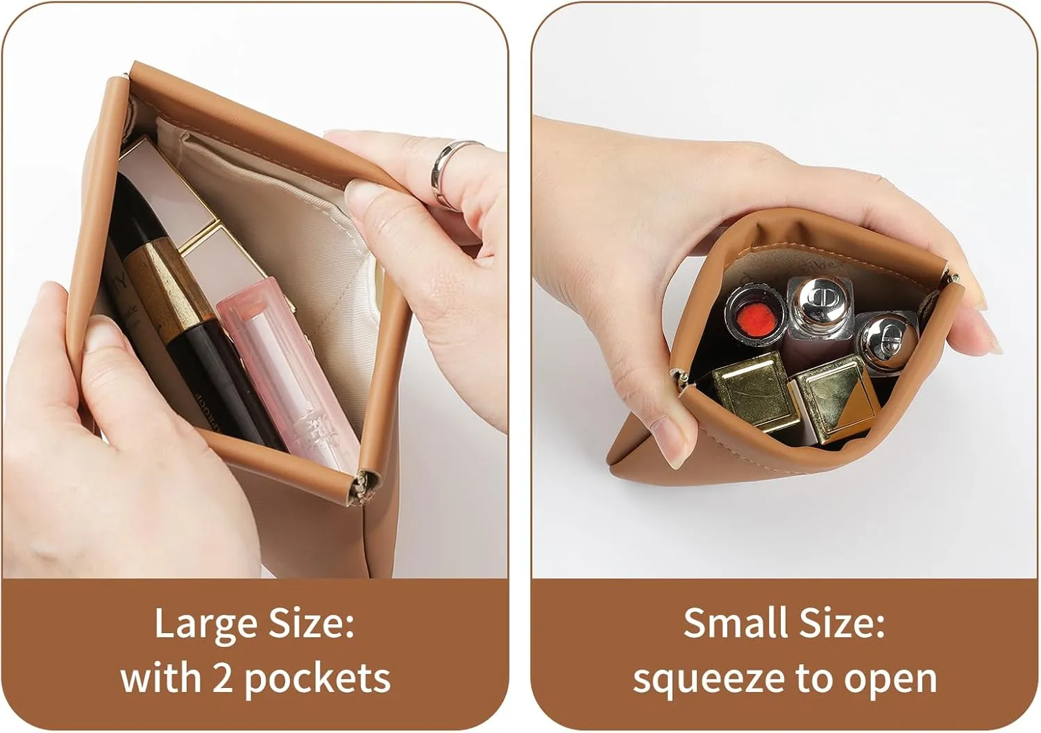 2 PCS Small Cosmetic Bag for Purse, Organosilicon Super Fiber Leather Mini Makeup Bag Coin Purse for Women, Snap Closure Travel Makeup Pouch for Lipstick Jewelry Key Change (Brown)