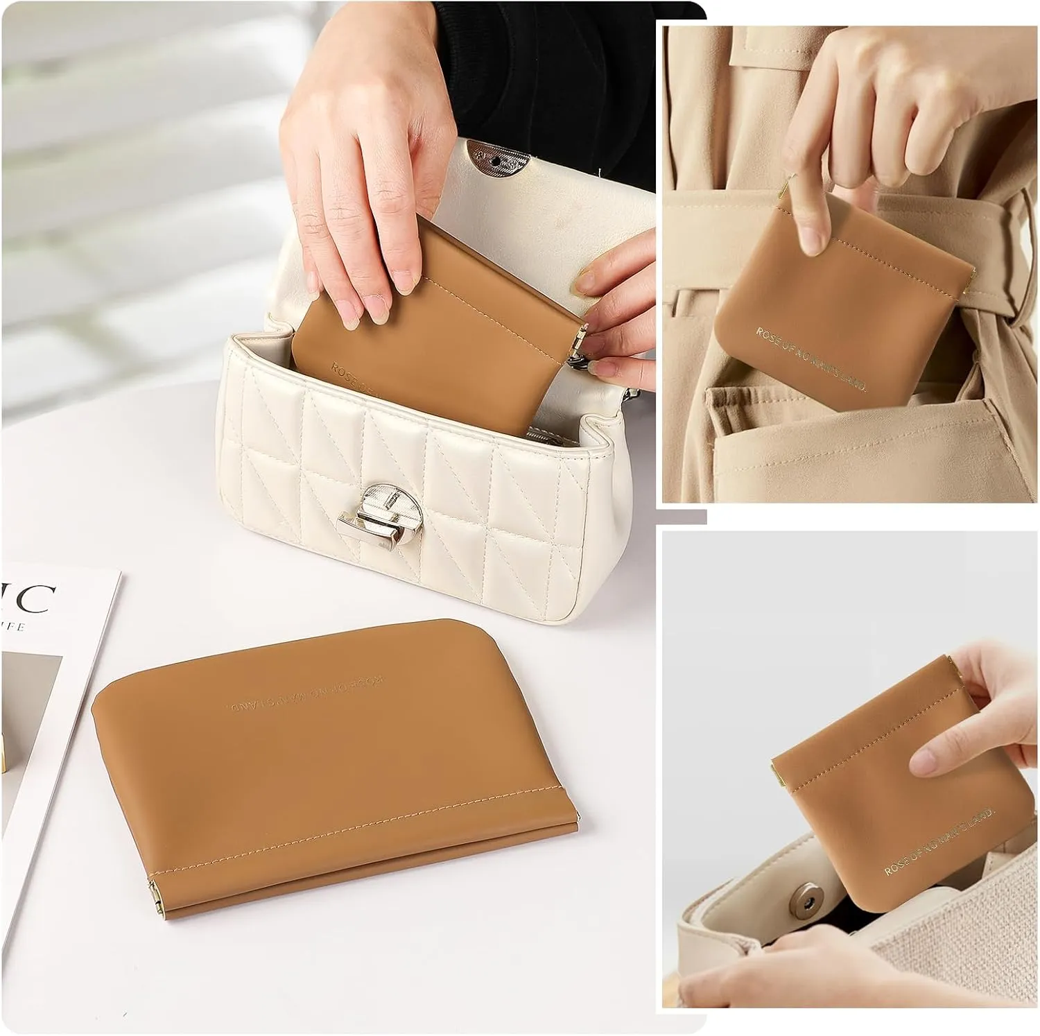 2 PCS Small Cosmetic Bag for Purse, Organosilicon Super Fiber Leather Mini Makeup Bag Coin Purse for Women, Snap Closure Travel Makeup Pouch for Lipstick Jewelry Key Change (Brown)