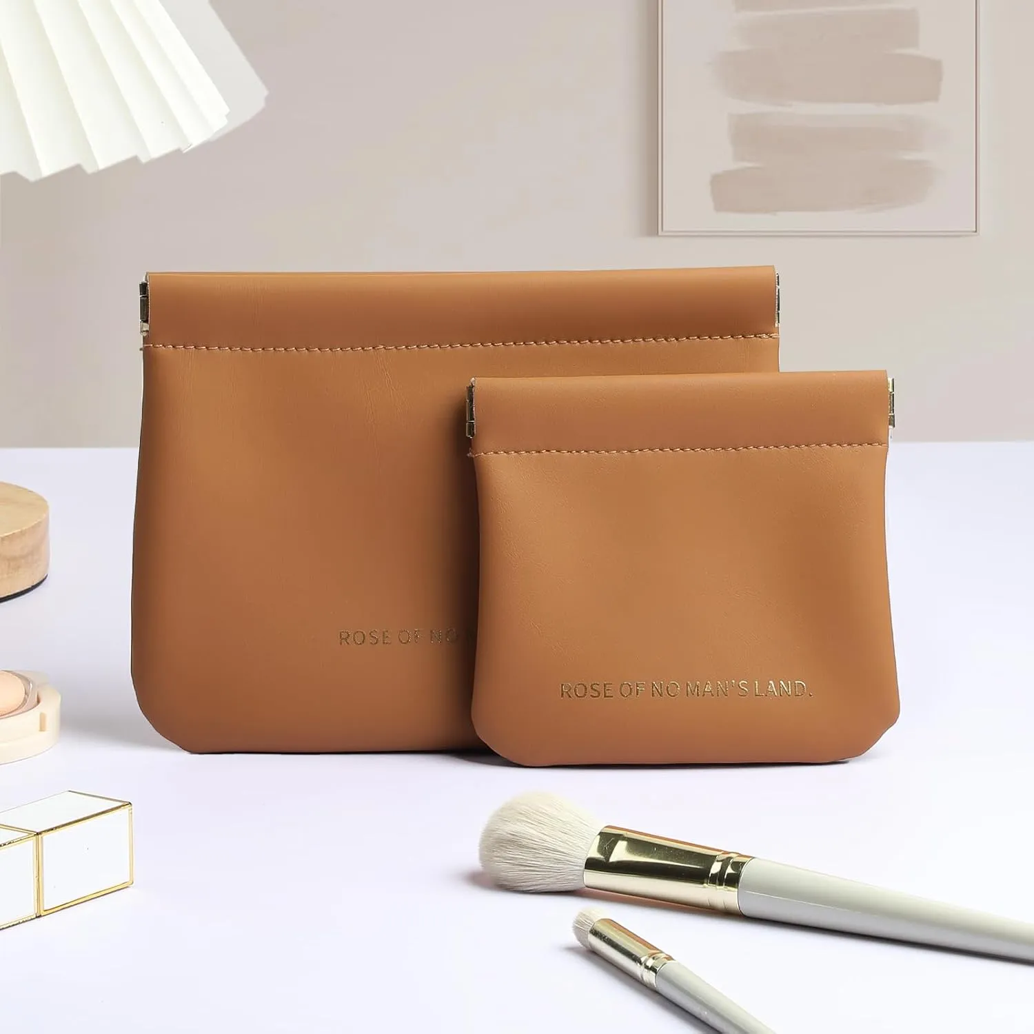 2 PCS Small Cosmetic Bag for Purse, Organosilicon Super Fiber Leather Mini Makeup Bag Coin Purse for Women, Snap Closure Travel Makeup Pouch for Lipstick Jewelry Key Change (Brown)