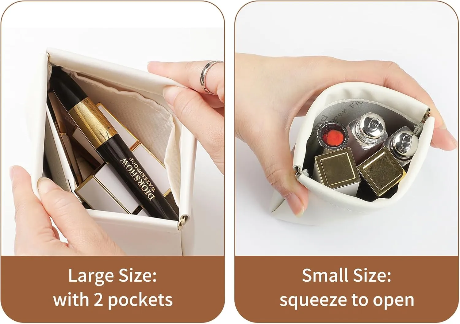 2 PCS Small Cosmetic Bag for Purse, Organosilicon Super Fiber Leather Mini Makeup Bag Coin Purse for Women, Snap Closure Travel Makeup Pouch for Lipstick Jewelry Key Change (Cream)