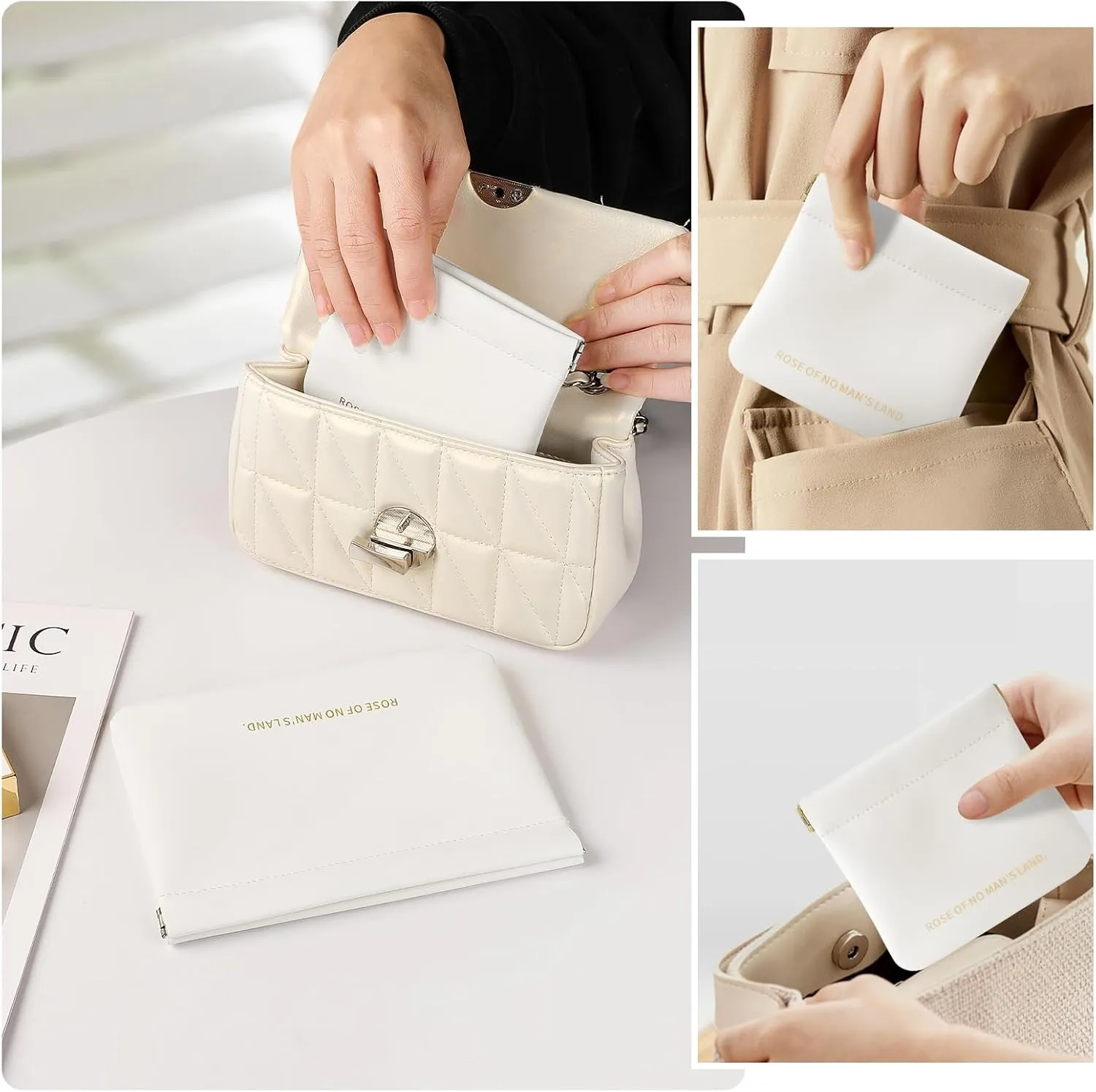 2 PCS Small Cosmetic Bag for Purse, Organosilicon Super Fiber Leather Mini Makeup Bag Coin Purse for Women, Snap Closure Travel Makeup Pouch for Lipstick Jewelry Key Change (Cream)