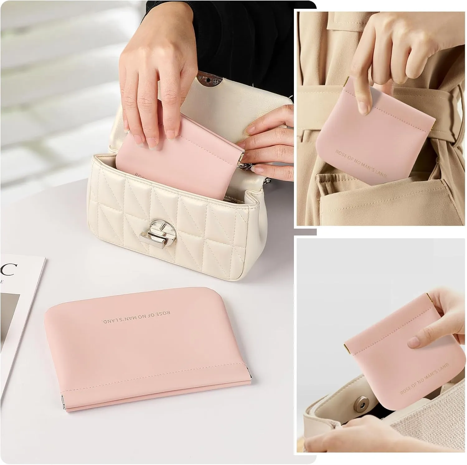 2 PCS Small Cosmetic Bag for Purse, Organosilicon Super Fiber Leather Mini Makeup Bag Coin Purse for Women, Snap Closure Travel Makeup Pouch for Lipstick Jewelry Key Change (Pink)