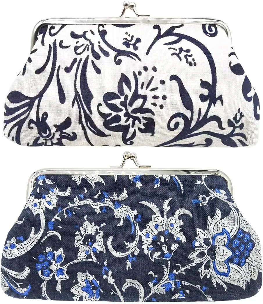 2 Pcs Vintage Floral Canvas Coin Purses Make Up Cellphone Bag Key Holder Kiss Lock Clasp Change Pouch Vintage Flower Cash Wallet Trinkets Pouch