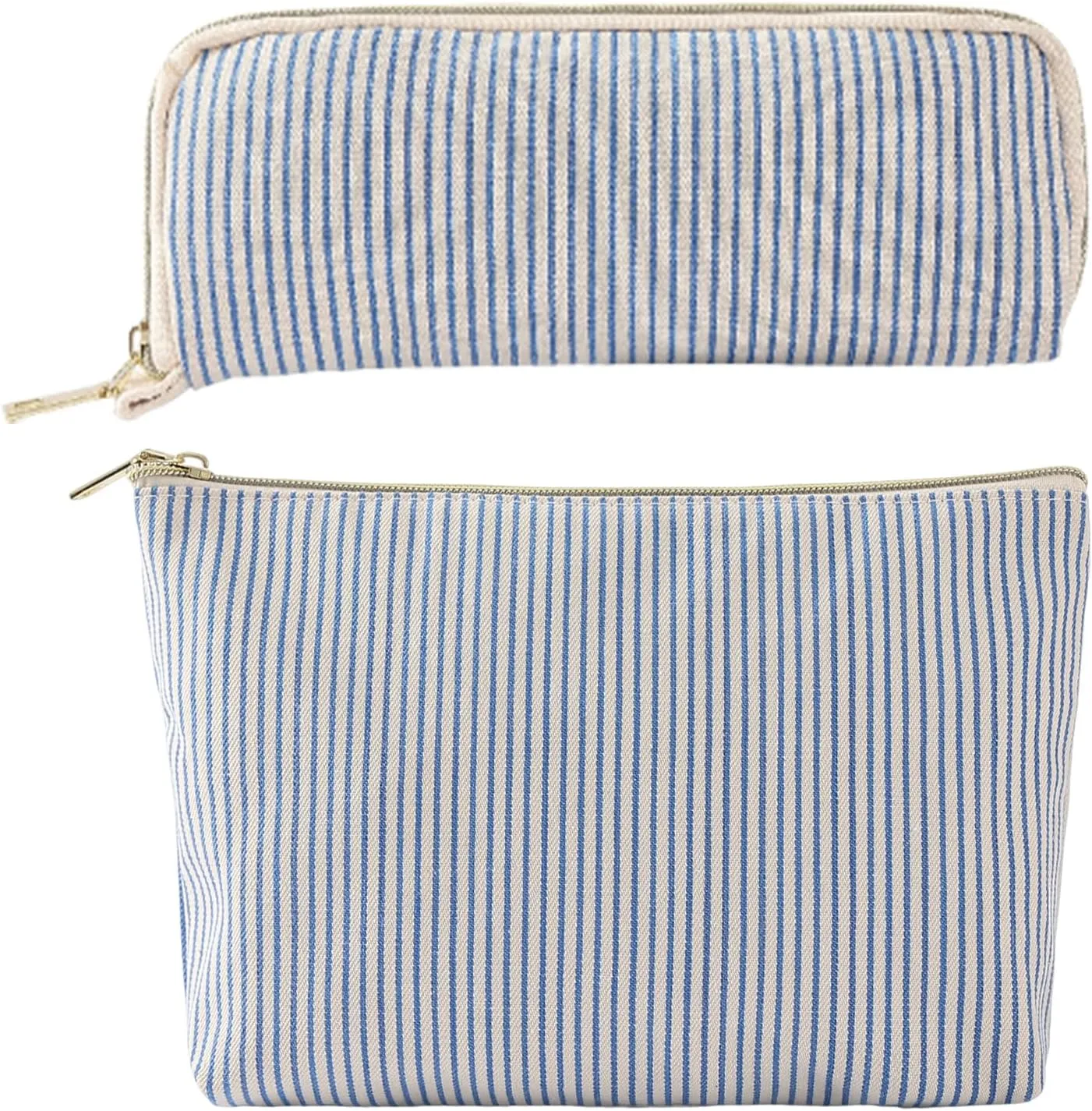 2 Pieces Makeup Bag Set,Cute Stripe Cosmetic Bag,Aesthetic Canvas Make up Bag Travel Toiletry Bag Teen Zipper Pouch Emergency bag for Women Girls,for Travel,Gift Trendy Stuff(stripe blue)