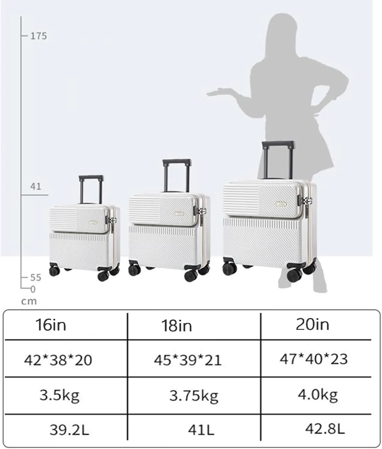 20 Inch Hard Shell Carry On Luggage with Spinner Wheels - Durable PC Suitcase for Travel, White(White,20in)