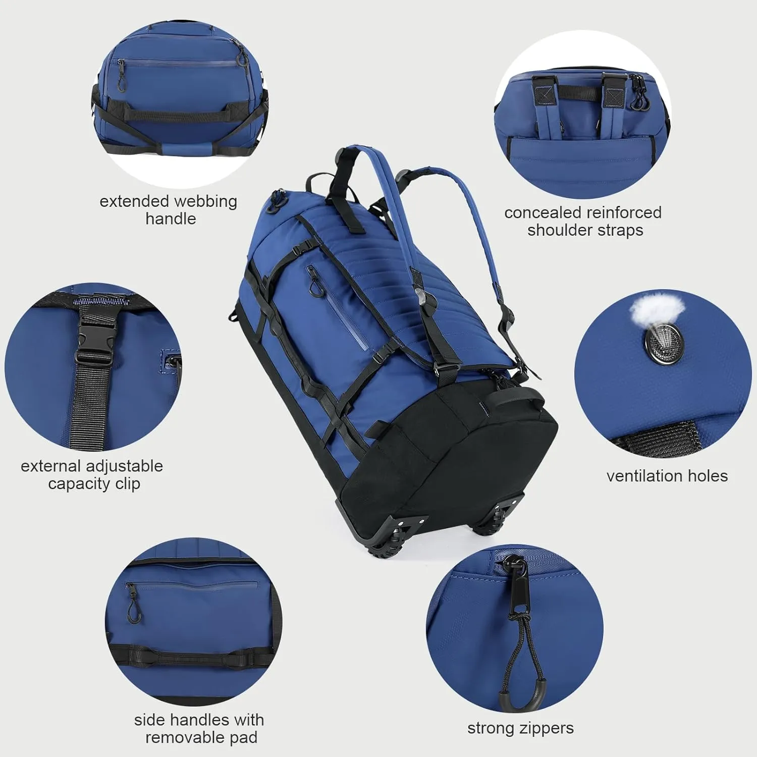 29" 86L Foldable Wheeled Duffle Bag, Waterproof Travel Rolling Backpack with Quilted Bottom, Navy