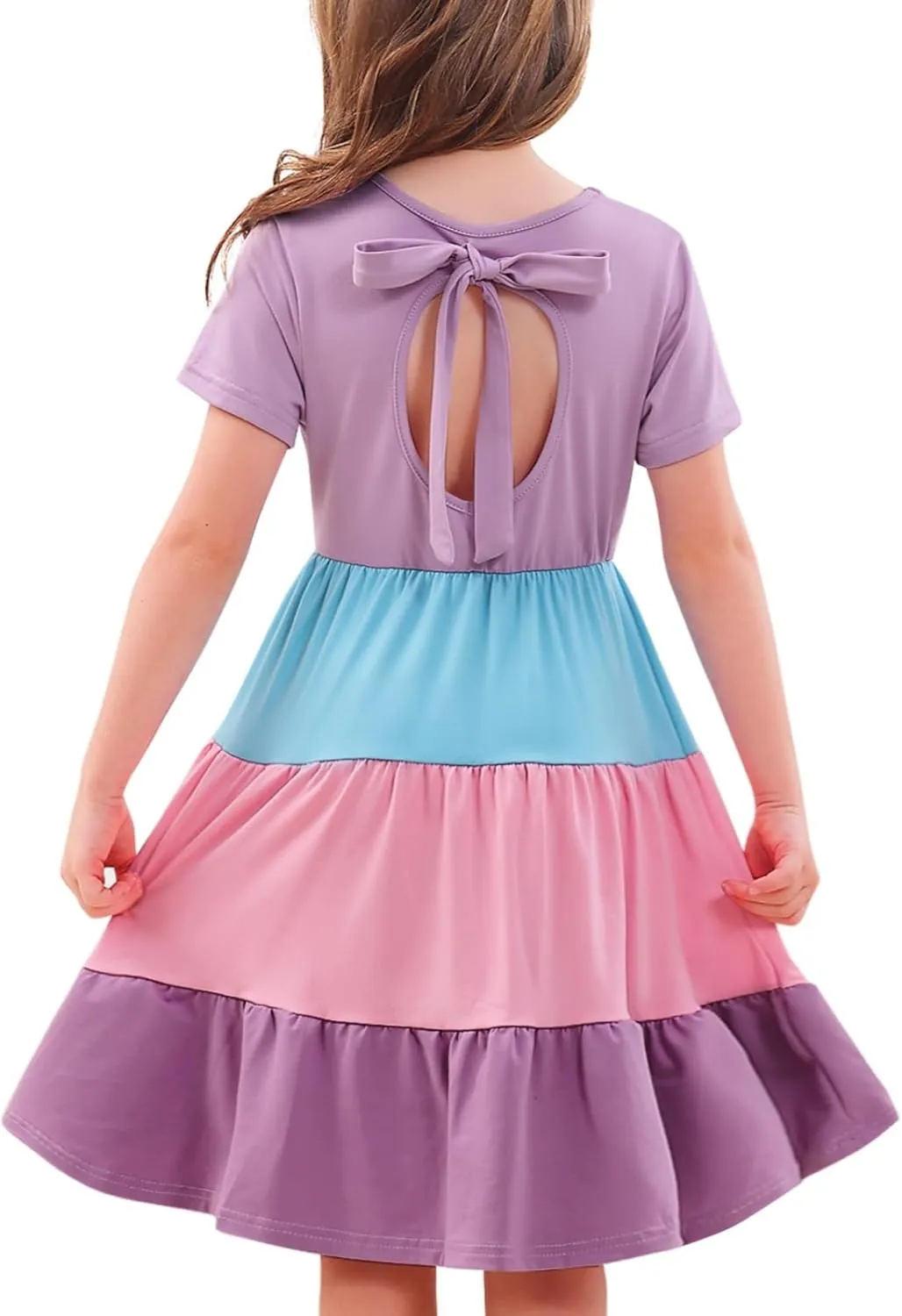 3-7 Years Girls Summer Dresses Tie Back Short Sleeve Ruffle Tiered Twirly Casual Midi Sundress