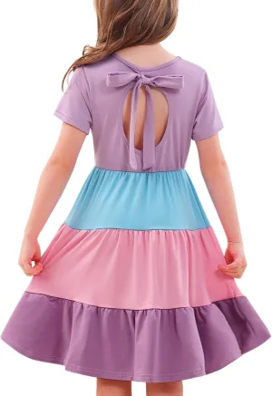 3-7 Years Girls Summer Dresses Tie Back Short Sleeve Ruffle Tiered Twirly Casual Midi Sundress