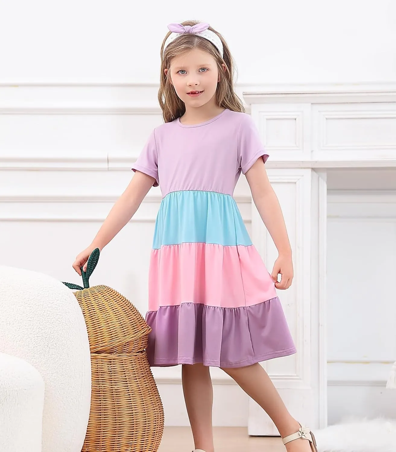 3-7 Years Girls Summer Dresses Tie Back Short Sleeve Ruffle Tiered Twirly Casual Midi Sundress