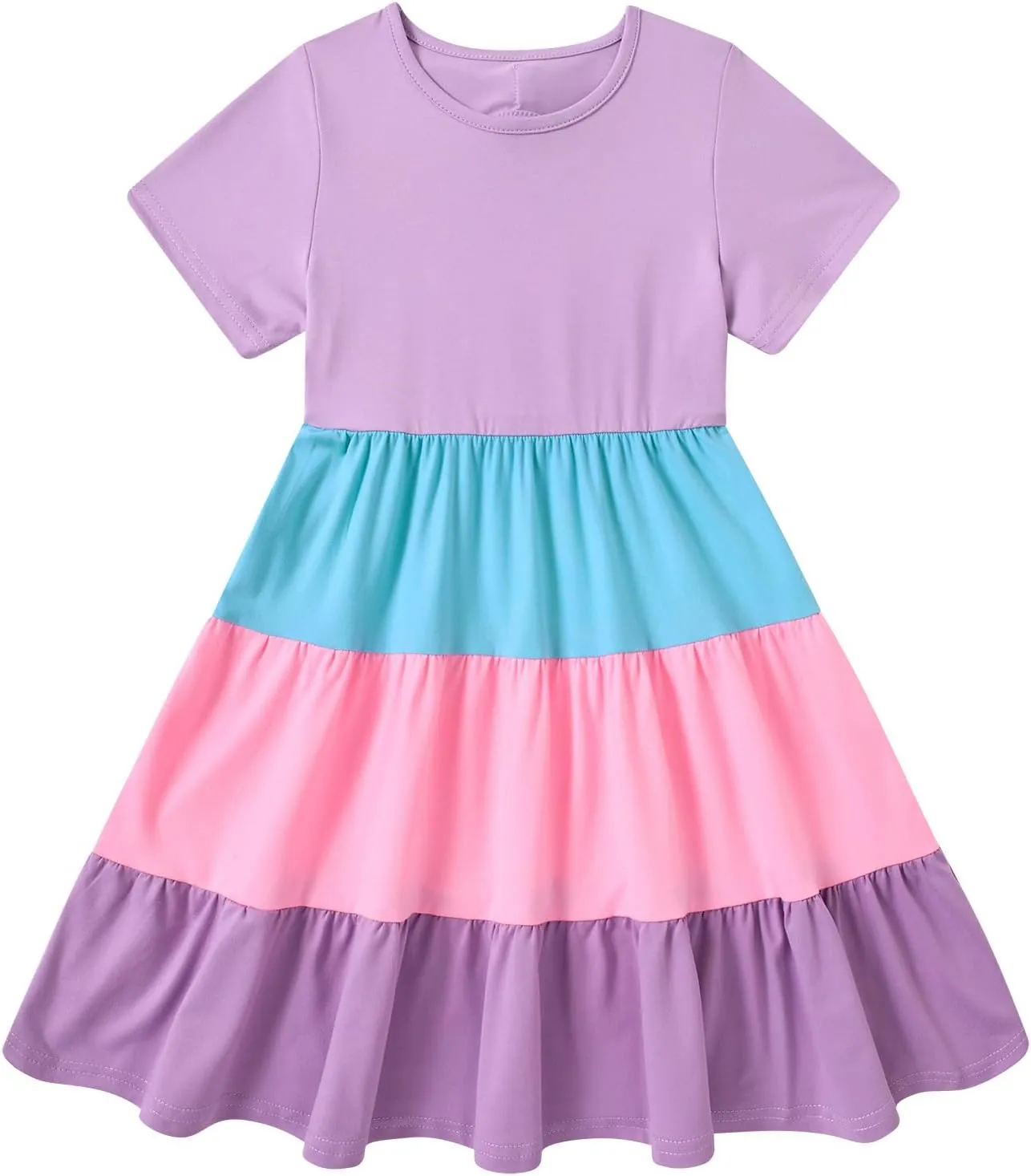 3-7 Years Girls Summer Dresses Tie Back Short Sleeve Ruffle Tiered Twirly Casual Midi Sundress