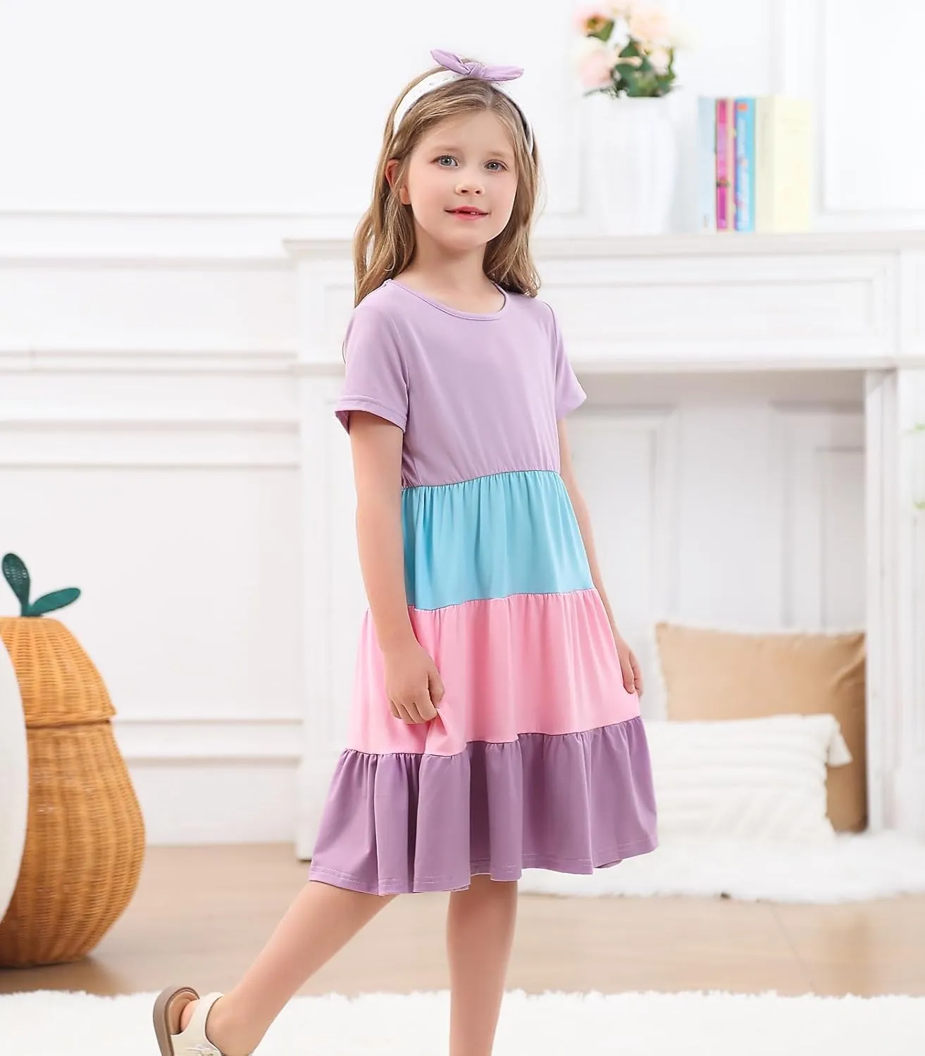 3-7 Years Girls Summer Dresses Tie Back Short Sleeve Ruffle Tiered Twirly Casual Midi Sundress