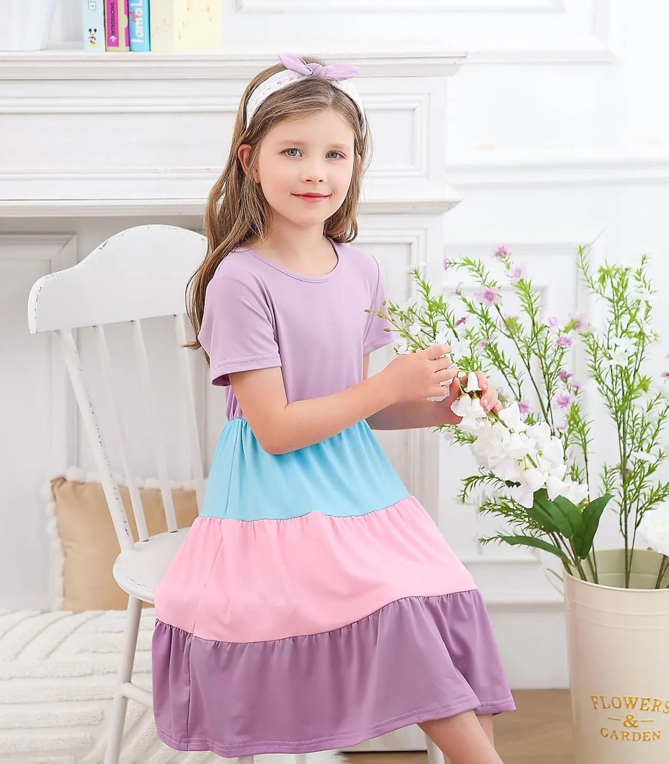 3-7 Years Girls Summer Dresses Tie Back Short Sleeve Ruffle Tiered Twirly Casual Midi Sundress
