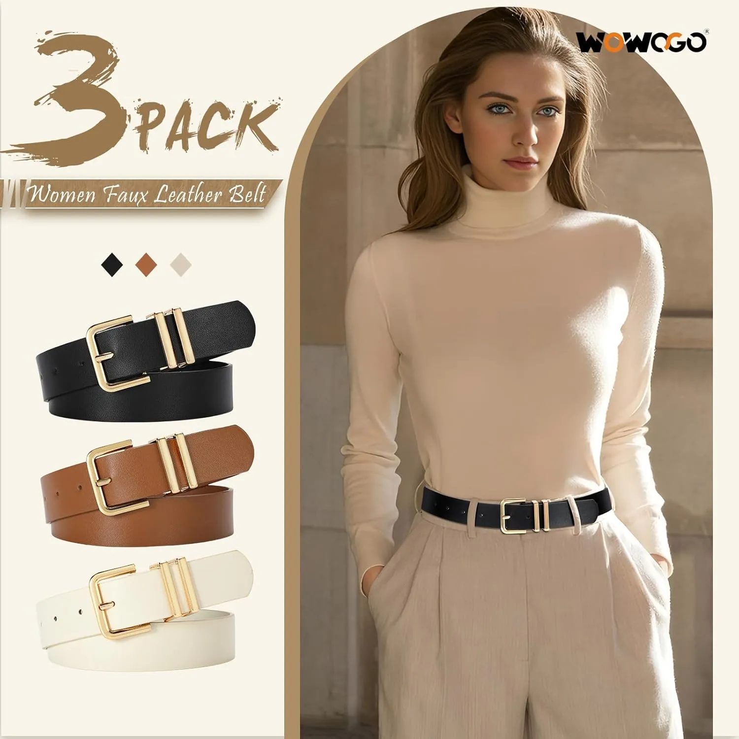 3 Pack Women Leather Belt for Jeans Dresses Pants Fashion Ladies Waist Belts with Gold Silver Buckle