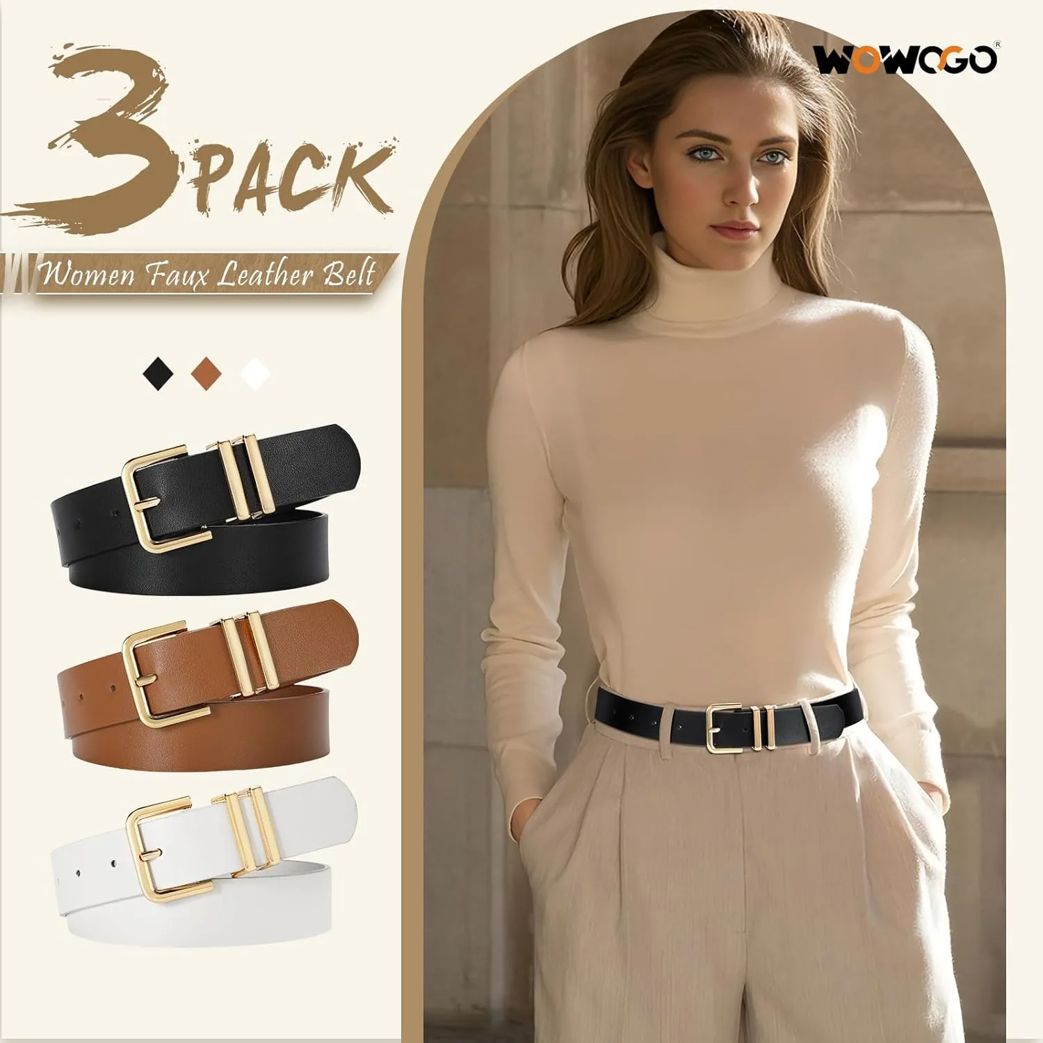 3 Pack Women Leather Belt for Jeans Dresses Pants Fashion Ladies Waist Belts with Gold Silver Buckle