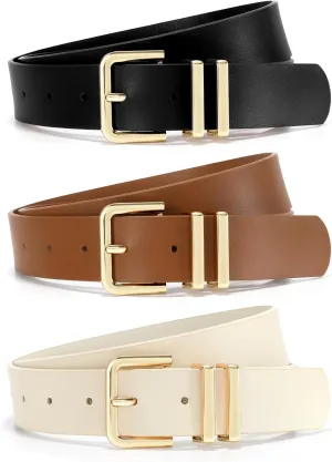 3 Pack Women Leather Belt for Jeans Dresses Pants Fashion Ladies Waist Belts with Gold Silver Buckle