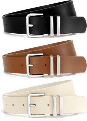 3 Pack Women Leather Belt for Jeans Dresses Pants Fashion Ladies Waist Belts with Gold Silver Buckle