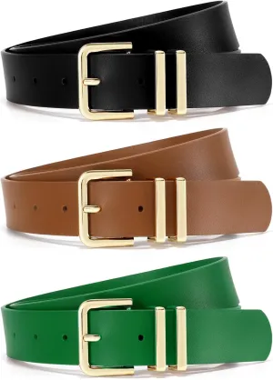 3 Pack Women Leather Belt for Jeans Dresses Pants Fashion Ladies Waist Belts with Gold Silver Buckle