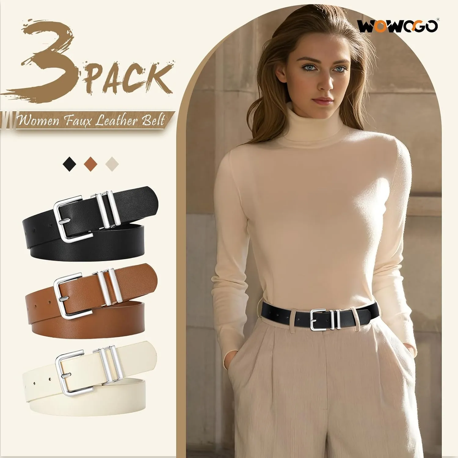 3 Pack Women Leather Belt for Jeans Dresses Pants Fashion Ladies Waist Belts with Gold Silver Buckle
