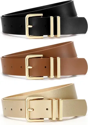 3 Pack Women Leather Belt for Jeans Dresses Pants Fashion Ladies Waist Belts with Gold Silver Buckle