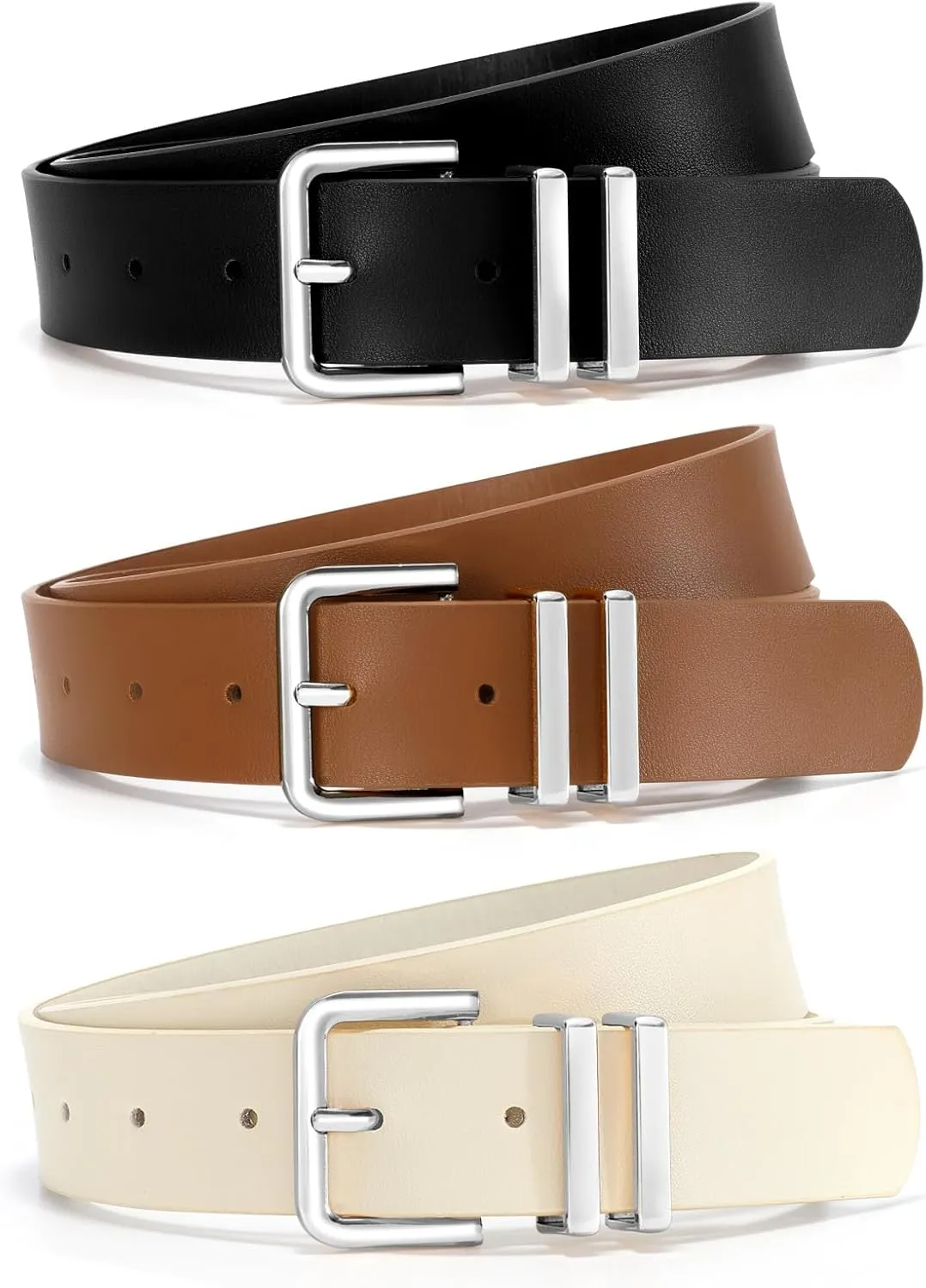 3 Pack Women Leather Belt for Jeans Dresses Pants Fashion Ladies Waist Belts with Gold Silver Buckle