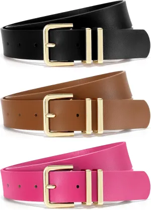 3 Pack Women Leather Belt for Jeans Dresses Pants Fashion Ladies Waist Belts with Gold Silver Buckle