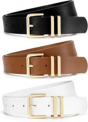 3 Pack Women Leather Belt for Jeans Dresses Pants Fashion Ladies Waist Belts with Gold Silver Buckle