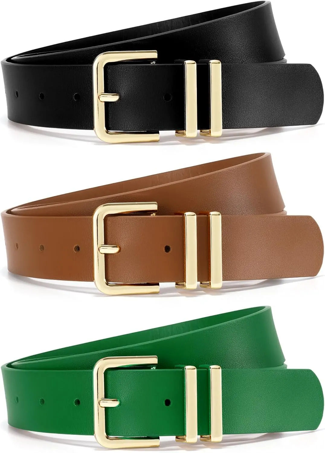 3 Pack Women Leather Belt for Jeans Dresses Pants Fashion Ladies Waist Belts with Gold Silver Buckle