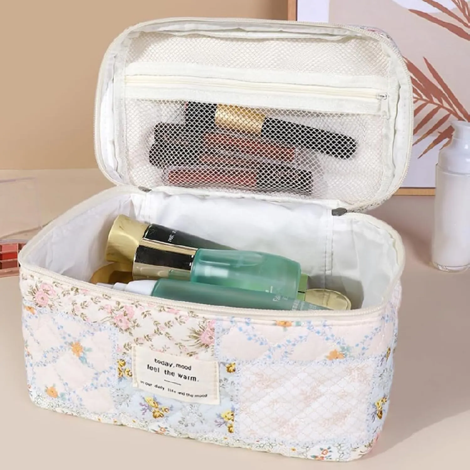 3 Pcs Quilted Makeup Bag Set,Coquette Cotton Make up Bag,Cute Floral Makeup Bags Large Toiletry Cosmetic Bag Organizer for Women Girls (J-3PCS)