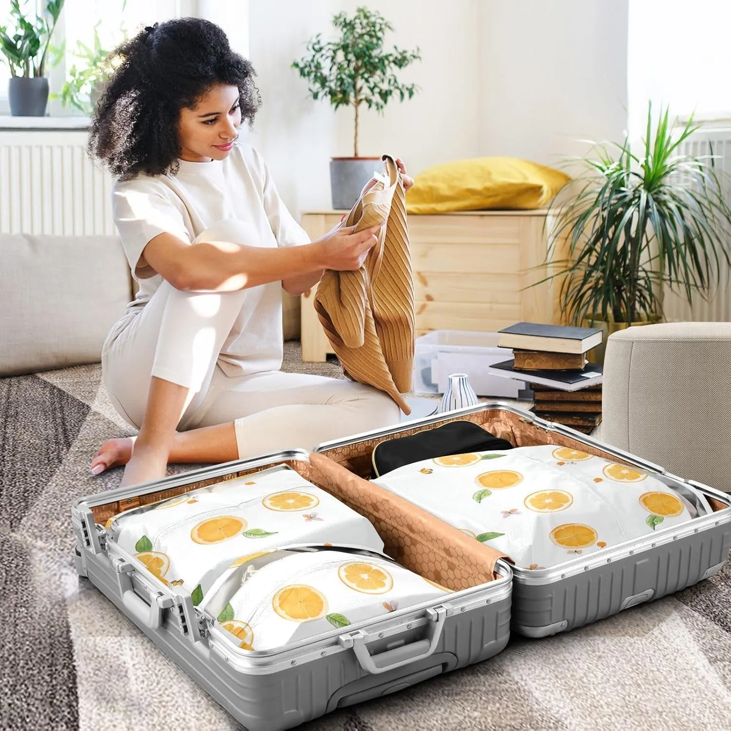 3 Set Travel Packing Cubes For Suitcases, Cute Kumquat Fruit White, Stackable, Garment Bag Closet Storage, Luggage Space Saver, Organizadores De Maletas Para