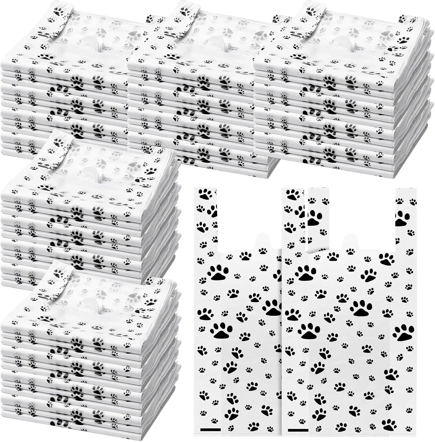 400 Pcs Plastic T Shirt Disposable Print Dog Gift Bags with Handles Design Cat or Dog Paw Thank You Bags for Shopping Gift Merchandise Grocery Home Using, 22 x 11.6 Inches (Black)
