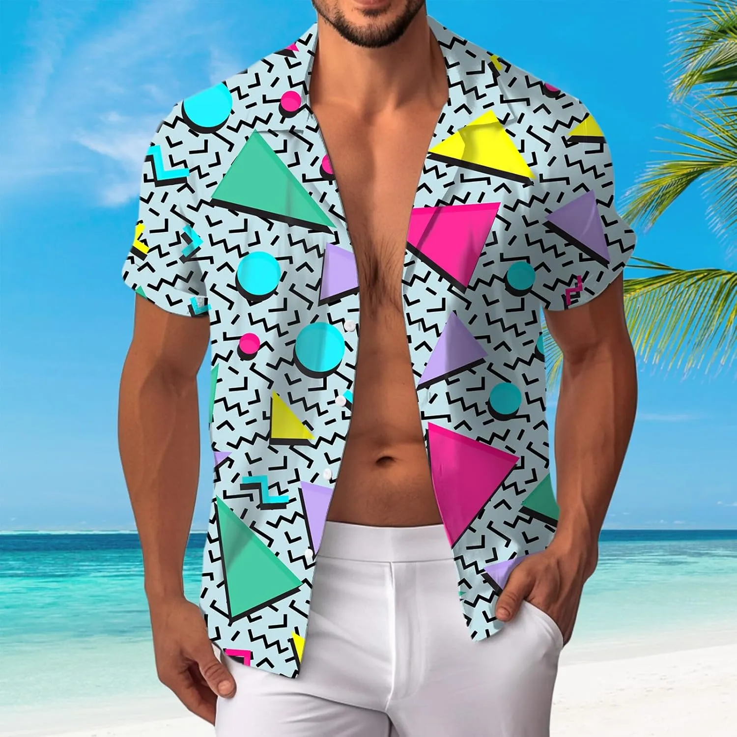 80s 90s Hawaiian Shirts for Men Vintage Button Down Short Sleeve Shirt, 80s Outfit Party Disco Beach Shirts
