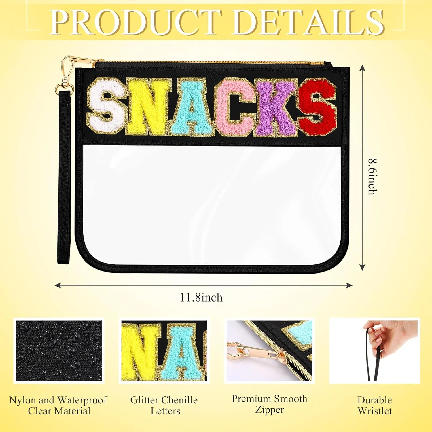 Abbylike 12 Pcs Snack Bags Clear Chenille Letter Snack Zipper Pouch Waterproof PVC Large Travel Makeup Cosmetic Storage Organizer Bag for Mom Team Cheerleaders Teacher (Black)