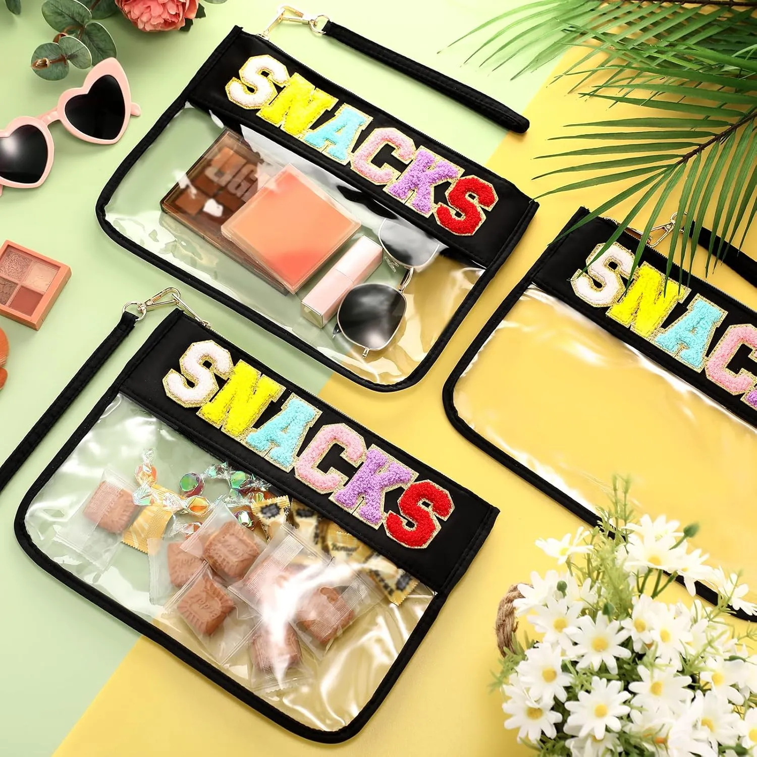 Abbylike 12 Pcs Snack Bags Clear Chenille Letter Snack Zipper Pouch Waterproof PVC Large Travel Makeup Cosmetic Storage Organizer Bag for Mom Team Cheerleaders Teacher (Black)