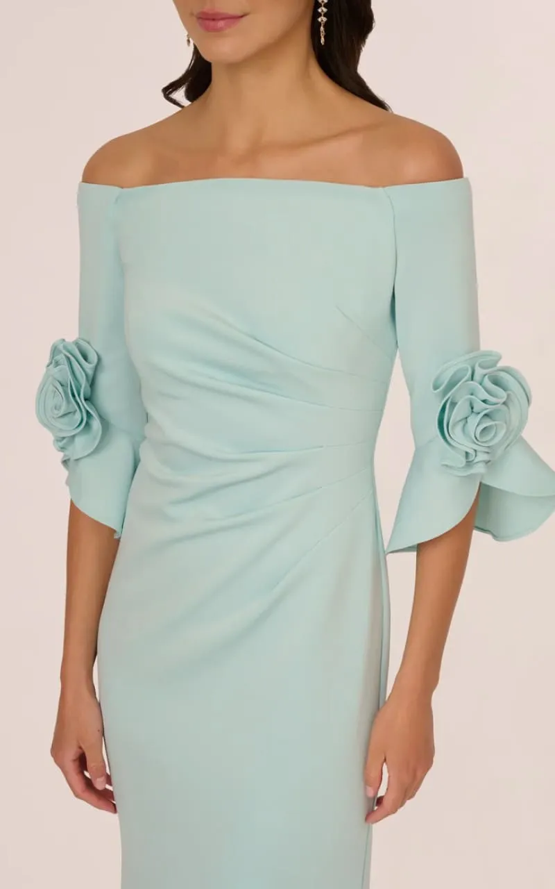 Adrianna Papell- Off Shoulder Rosette Gown In Airy Aqua
