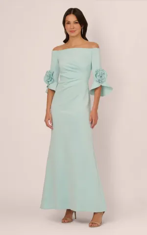 Adrianna Papell- Off Shoulder Rosette Gown In Airy Aqua