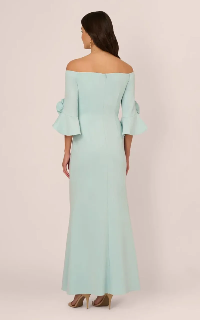 Adrianna Papell- Off Shoulder Rosette Gown In Airy Aqua