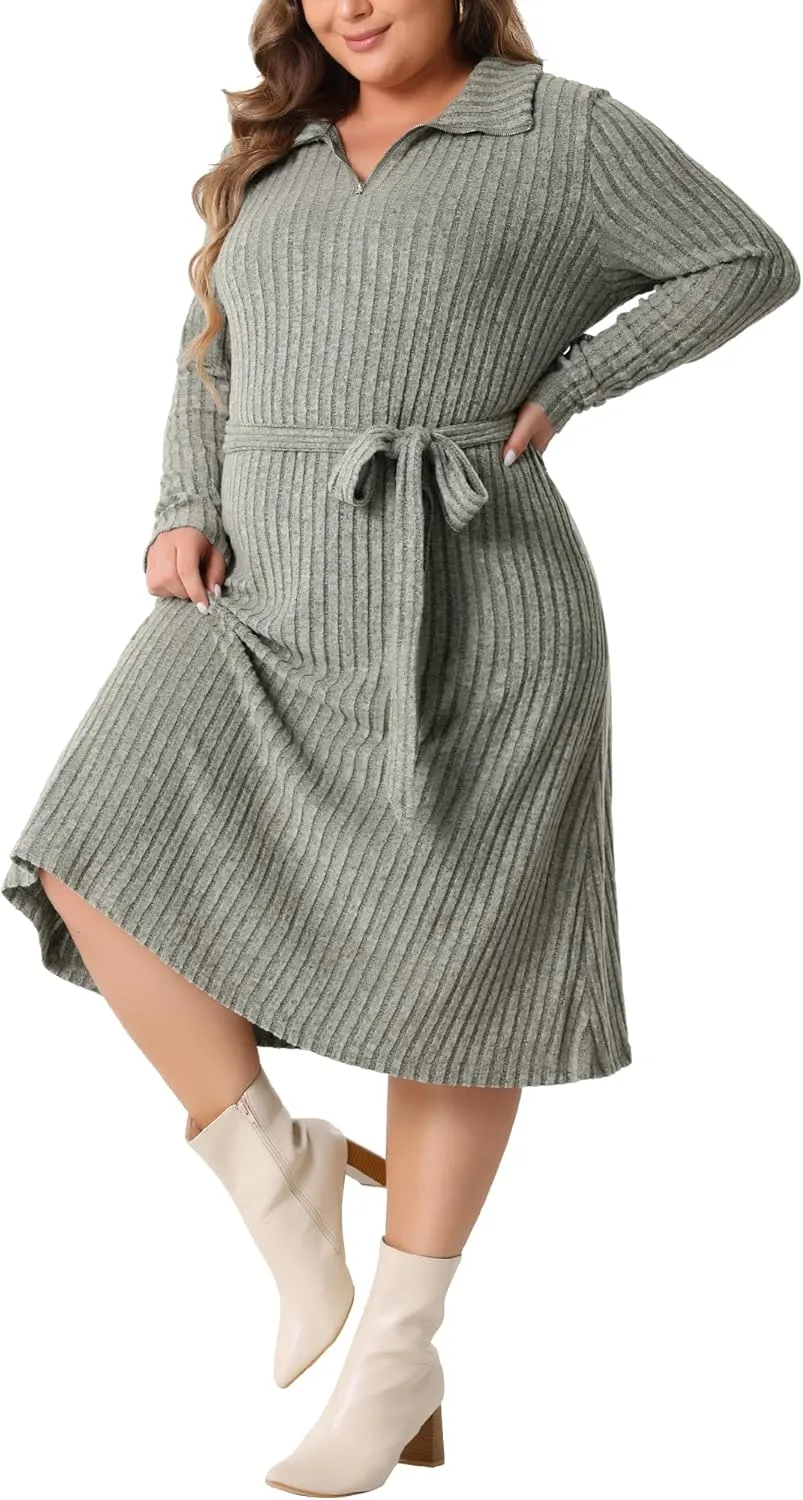 Agnes Orinda Plus Size Dress for Women Ribbed Sweater Half Zip Front Long Sleeve Tie Waist Knit Midi Dresses with Belt