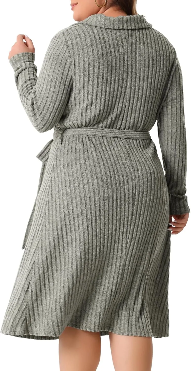 Agnes Orinda Plus Size Dress for Women Ribbed Sweater Half Zip Front Long Sleeve Tie Waist Knit Midi Dresses with Belt