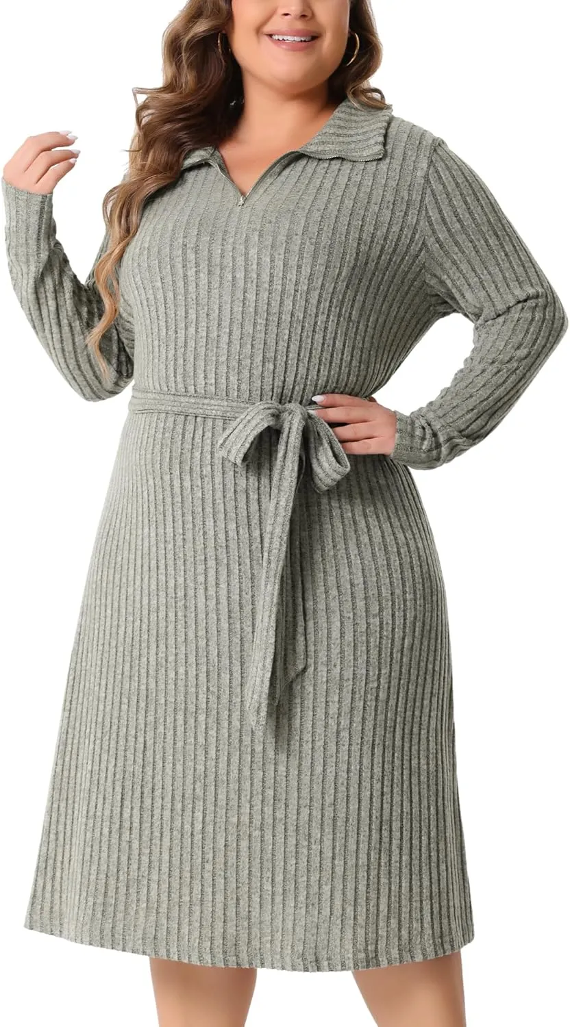 Agnes Orinda Plus Size Dress for Women Ribbed Sweater Half Zip Front Long Sleeve Tie Waist Knit Midi Dresses with Belt