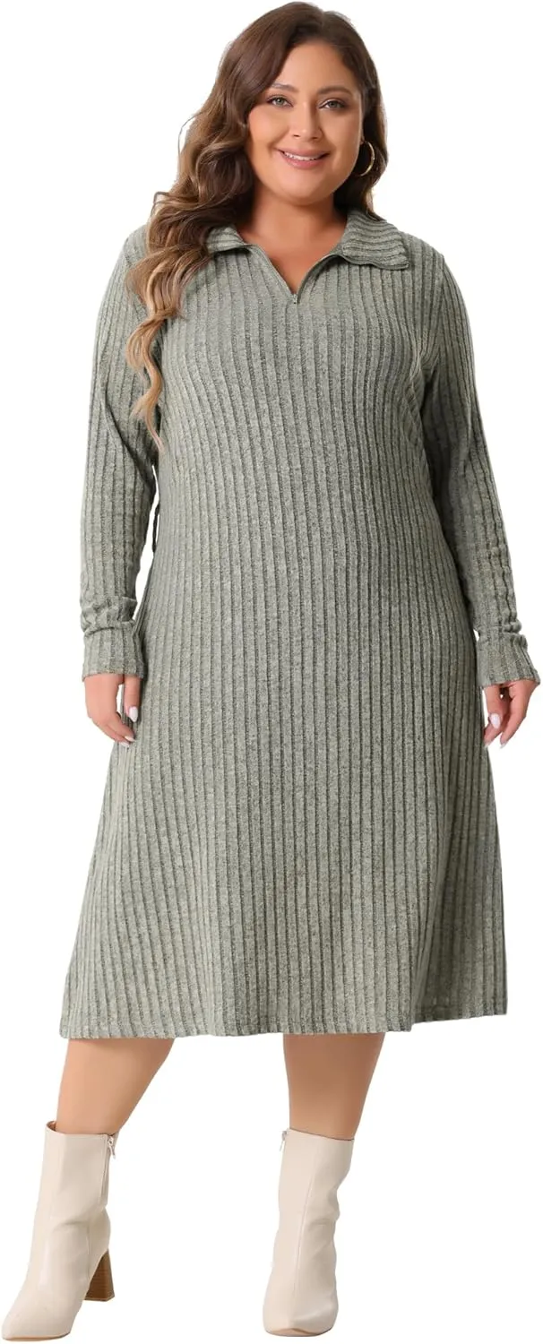 Agnes Orinda Plus Size Dress for Women Ribbed Sweater Half Zip Front Long Sleeve Tie Waist Knit Midi Dresses with Belt