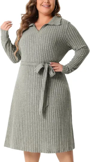 Agnes Orinda Plus Size Dress for Women Ribbed Sweater Half Zip Front Long Sleeve Tie Waist Knit Midi Dresses with Belt