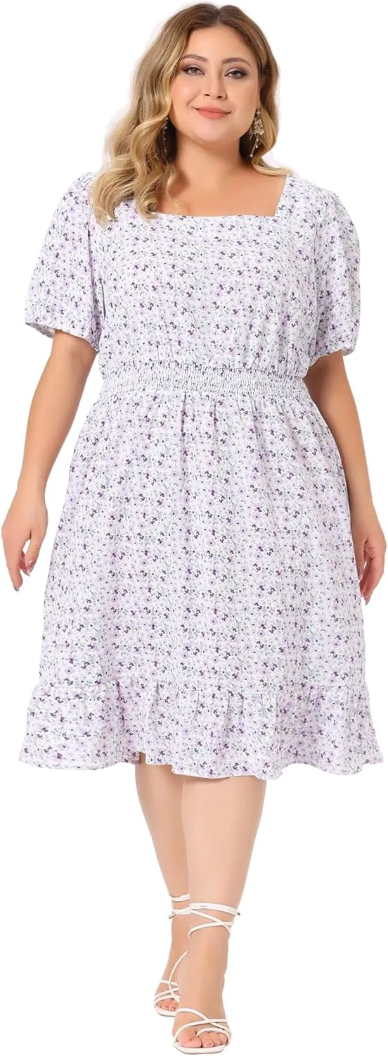 Agnes Orinda Plus Size Women's Dresses Short Sleeve Square Neck Elastic Waist Floral Dress Summer 2024