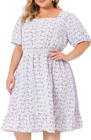 Agnes Orinda Plus Size Women's Dresses Short Sleeve Square Neck Elastic Waist Floral Dress Summer 2024