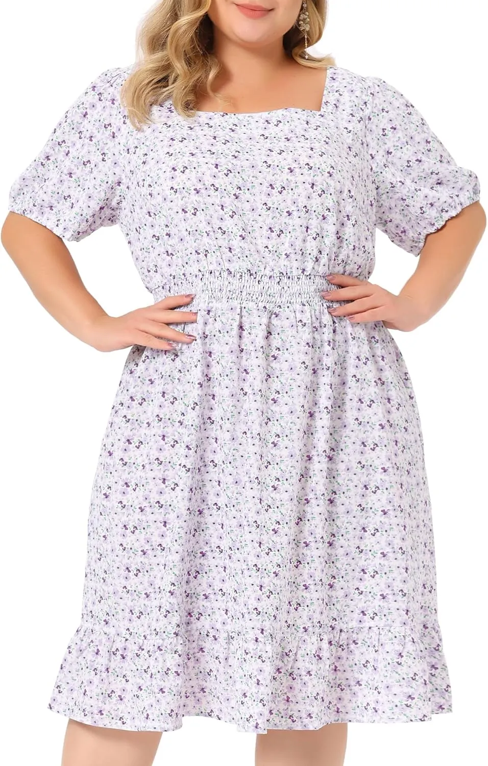 Agnes Orinda Plus Size Women's Dresses Short Sleeve Square Neck Elastic Waist Floral Dress Summer 2024