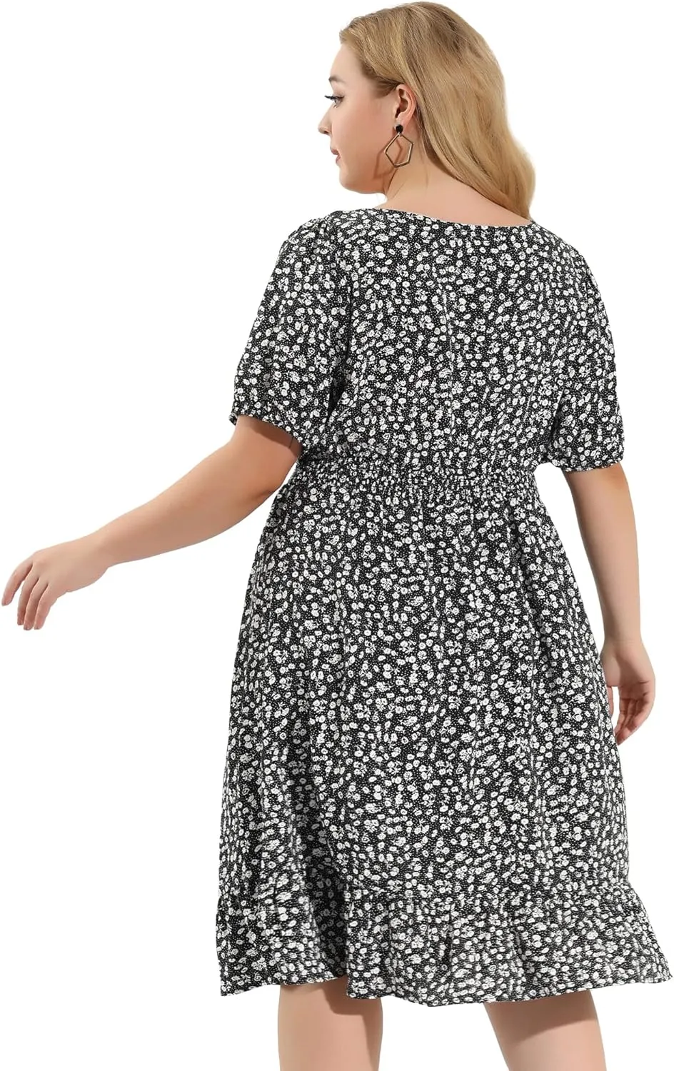 Agnes Orinda Plus Size Women's Dresses Short Sleeve Square Neck Elastic Waist Floral Dress Summer 2024